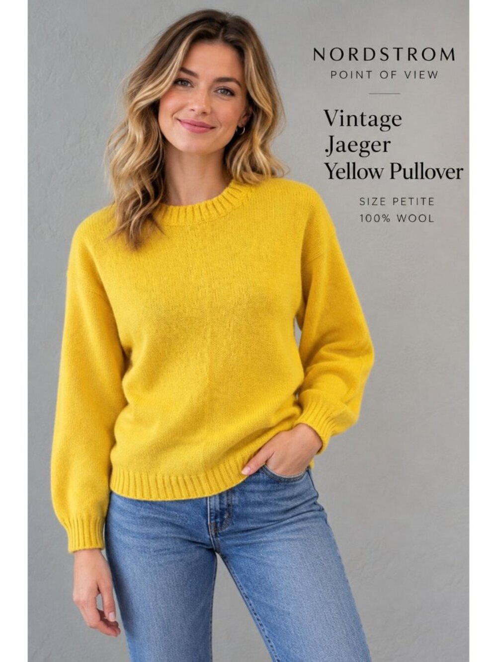 Nordstorm Point of View Vintage Jaeger Yellow Pullover Size Petite 100% Wool